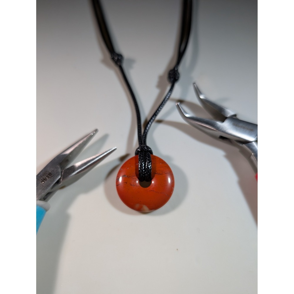Red Jasper Donut Pendant Necklace Adjustable‎ Black Cord Boho Gemstone Jewelry